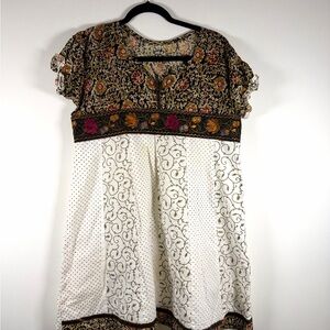 Boho Embroidered Floral Mini Dress in Cream and Brown
